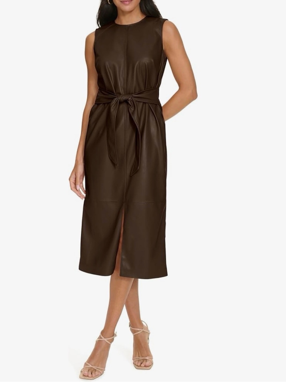 Calvin Klein Faux Leather Belted Midi Dress Brown Size 8 NWT